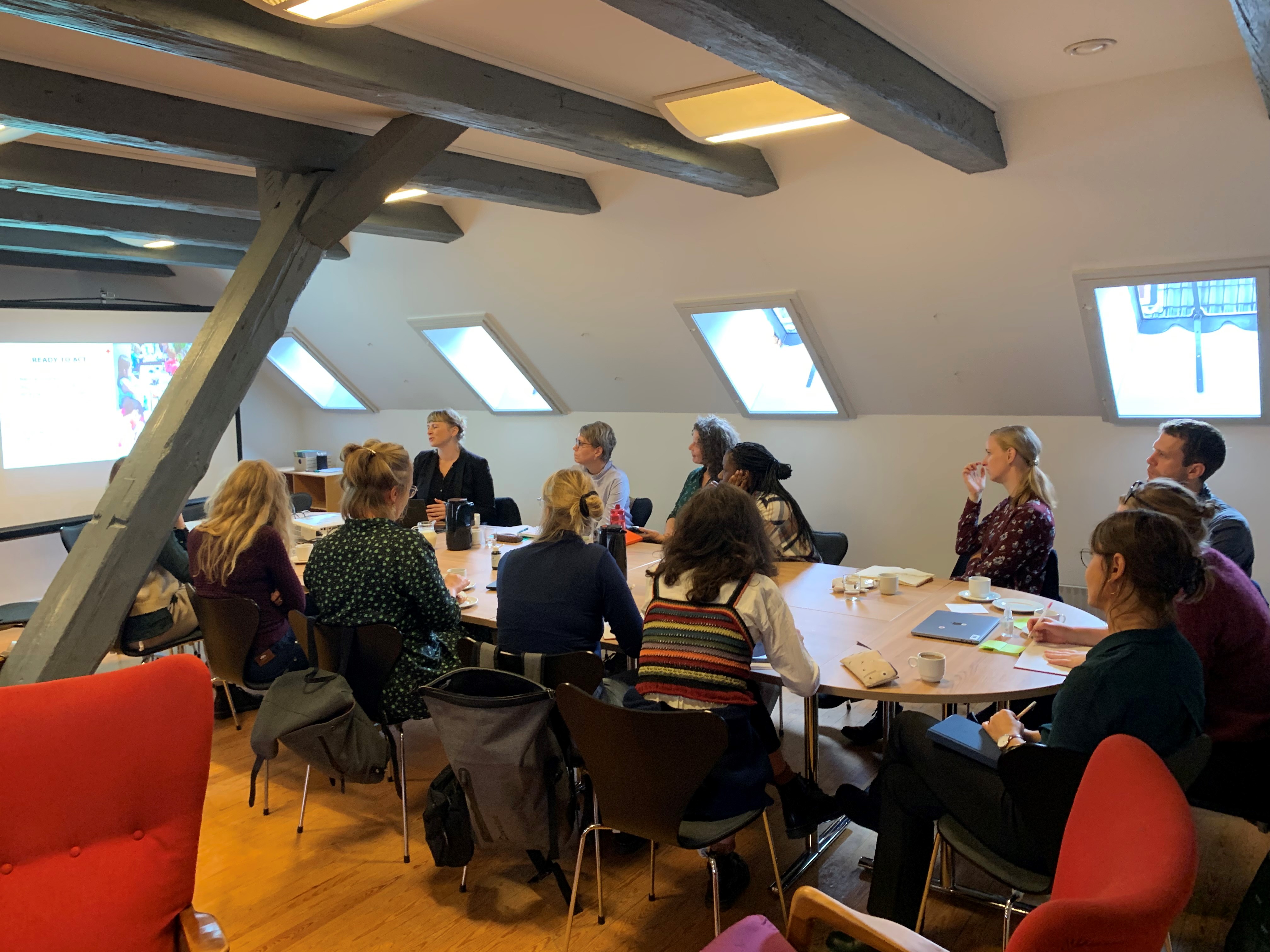 Digital Citizen working group, the Danish Red Cross, Implement Consulting Group, National Association of Shelters, Telepsychiatric Center gathered around a table at a meeting